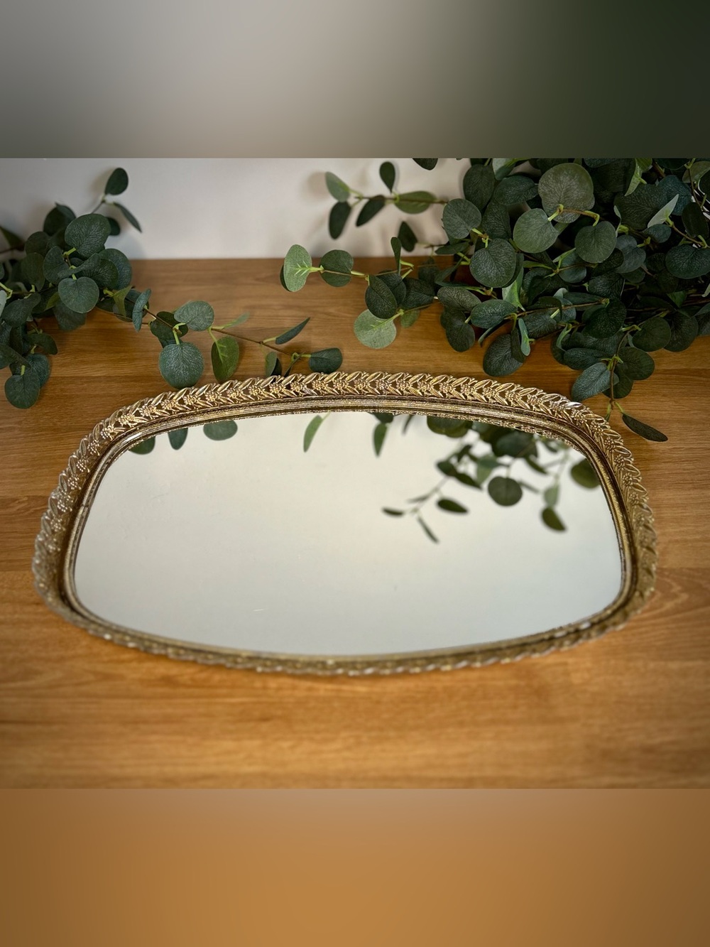 Vintage Hollywood Regency Mirrored Vanity Tray | Ornate Gold Tone Filigree Dress